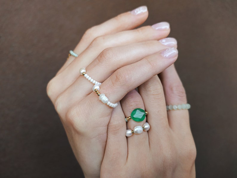 Beaded rings set 6pcs, natural pearl rings, green white adjustable rings, minimalist rings, pendant ring, dainty delicate ring, mermaid ring image 1