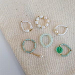 Beaded rings set 6pcs, natural pearl rings, green white adjustable rings, minimalist rings, pendant ring, dainty delicate ring, mermaid ring image 6