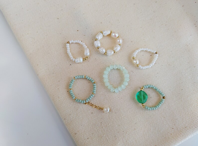 Beaded rings set 6pcs, natural pearl rings, green white adjustable rings, minimalist rings, pendant ring, dainty delicate ring, mermaid ring image 6