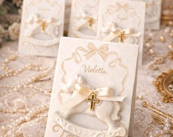 Invitación de bautizo personalizada, caballo balancín 3D, elegante invitación de bautizo