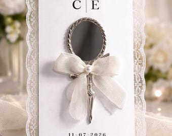 Recuerdo de boda personalizado con espejo dorado, tarjeta de lugar con nombre personalizado, elegante recuerdo para despedida de soltera, regalo de lujo para invitados de boda, recuerdo de boda minimalista