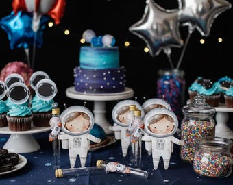 Botella de plástico personalizada con temática espacial para recuerdos de fiesta de astronauta (vacía)