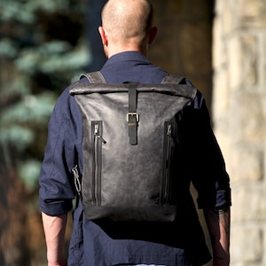 Sac à dos à enroulement en cuir avec fermetures éclair YKK, sac à dos personnalisé pour ordinateur portable 14" 15" 16" pouces, sac à dos de voyage mince pour homme et femme, rolltop