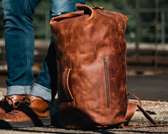 Leather Duffel Bag, Military Style, Handmade Water-repellent for Weekend Trips, Cognac with multiple colors