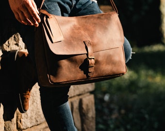 Messenger Bag for Men, Vintage Leather 15 Inch Laptop Satchel, Personalized Work Bag