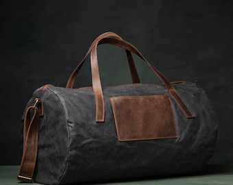 Waxed Canvas Weekender Bag, Leather Travel Duffel with Shoe Compartment, Personalized Gym Bag