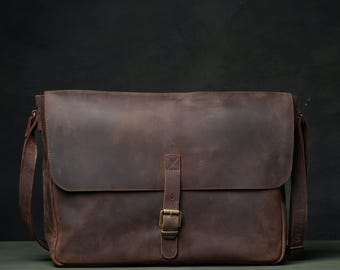 Leather Messenger Bag Handmade – Personalized Vintage Brown Satchel, Crossbody Work Bag with Laptop Compartment