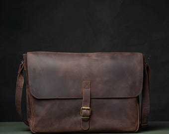 Borsa a tracolla in pelle fatta a mano – Borsa a tracolla marrone vintage, borsa da lavoro con tasca per laptop