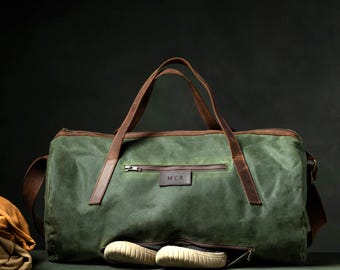 Bolsa de fin de semana de lona encerada, bolsa de lona personalizada con compartimento para zapatos para viajes de mano.