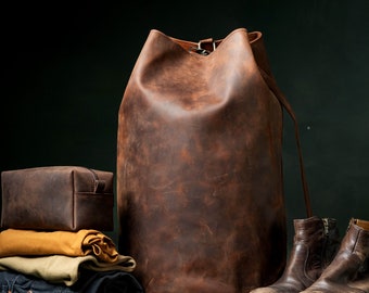 Full Grain Leather Travel Bag, Cylinder Duffel Bag for Men – Handmade Vintage Weekender, Personalized