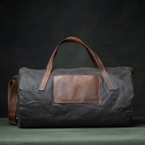 Personalized Travel Bag, Leather Cabin Bag, Weekend Luggage Bag, Waxed Cotton Bag, Monogramed Gift for Him, Shoulder Bag, YKK zipper