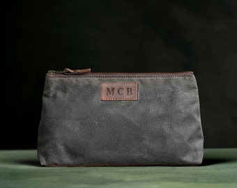 Zipper Pouch Bag - Waxed Canvas, Personalized Cosmetic Bag, Monogram Initials Groomsmen Gift, Small Leather Bag