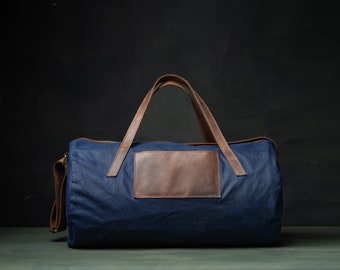 Waxed Canvas Sports Bag Personalized, Leather Holdall Men, Weekender, Navy Blue Gym bag, Travel Bag for Short Trips, Multiple colors