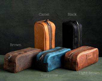 Personalized Full-Grain Leather Toiletry Bag, Custom Logo Dopp Kit, Engraved Groomsmen Gifts