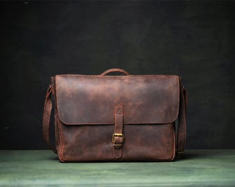 Leather Messenger Bag Handmade – Vintage Brown Satchel, Crossbody Work Bag with Laptop Pocket