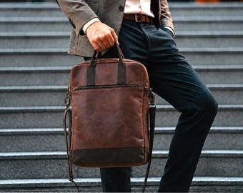 Personalized Leather Briefcase, 15 Inch Laptop Work Bag for Men