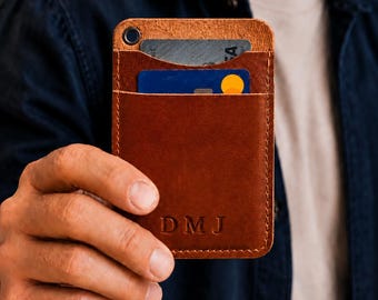 Tarjetero de cuero, cartera delgada personalizada hecha a mano para hombre, regalo grabado