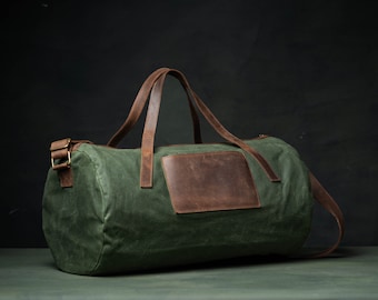 Waxed Canvas Duffle Bag with Shoe Compartment, Personalized Gym & Travel Bag, Leather Weekender CarryOn