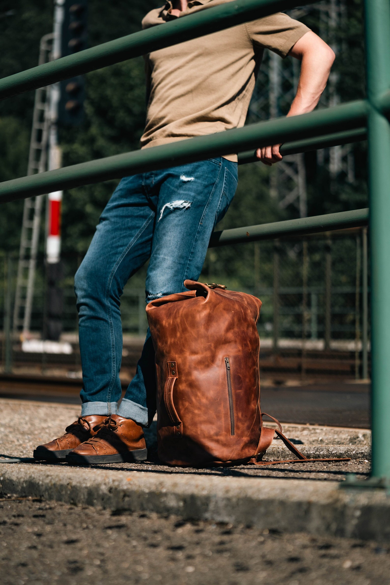 Leather Duffel Bag, Military Style, Handmade Water-repellent for Weekend Trips, Cognac with multiple colors