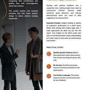 Two people engaged in conversation, with text introducing leadership principles focused on positive feedback. Title reads 'Principle 1: Begin with Praise and Honest Appreciation' alongside practical steps for offering genuine, constructive feedback