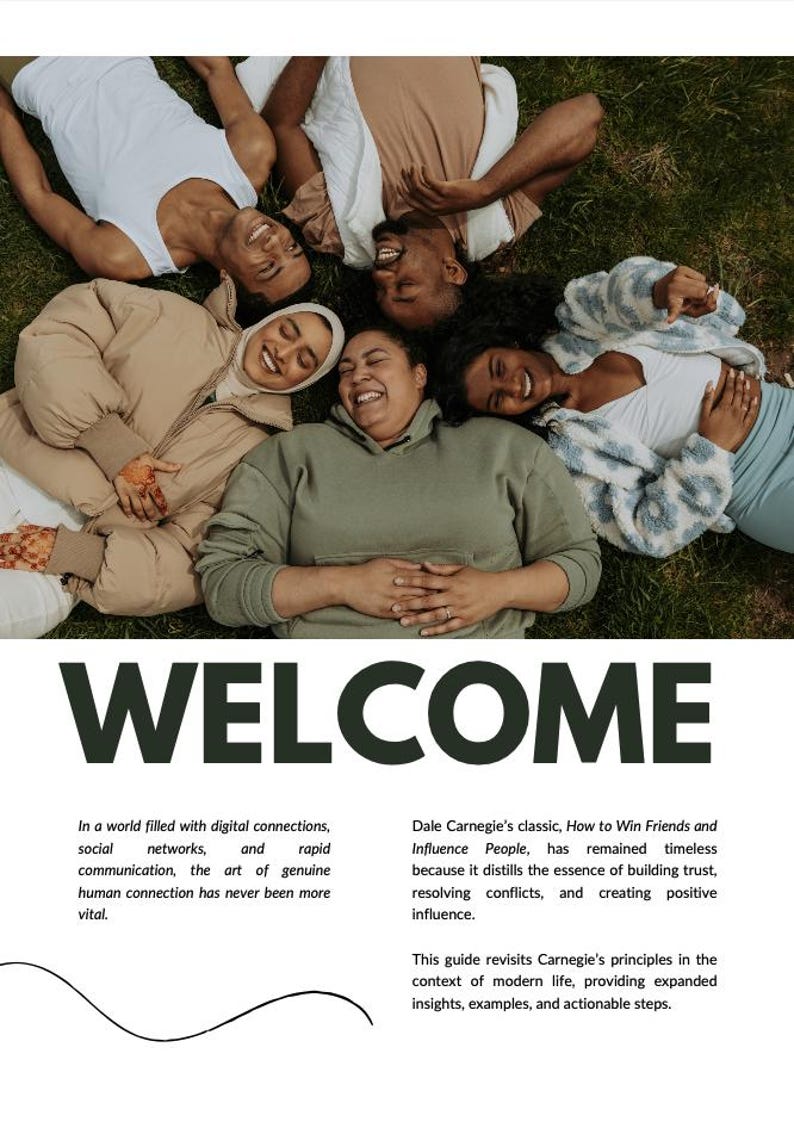 5 diverse friends lying on the grass, smiling. The word 'WELCOME' in bold above text describing the importance of human connection in a digital world and introducing a modern take on Dale Carnegie’s thoughts on building trust and influence.