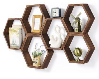Set of 6 Handmade Hexagon Shelves | Modern Honeycomb Wall Decor | Wood Hexagon Floating Shelves