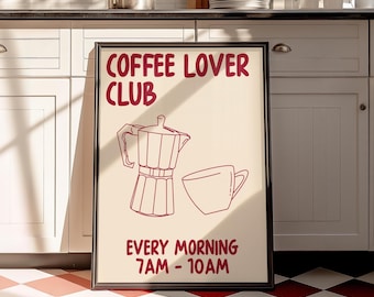 Coffee Lover Club Druck - Küchen Wandkunst - Espresso Druck - Retro Küchendruck - Kaffee Skizze - Frühstückskaffee Druck - Modernes Poster