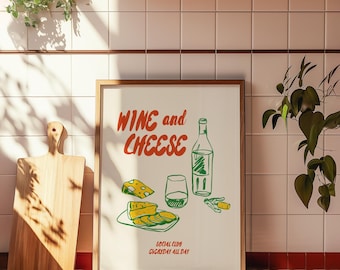 Wein und Käse Poster, Vintage Küchen Wandkunst, Retro Food Print, Käse Wein Dekor, Esszimmer Kunst, Kulinarische Wandkunst, Geschenk für Feinschmecker