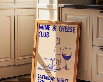 Wine and Cheese Print - Instant Download - Kitchen Wall Art - Wine Print - Retro Kitchen Print - Cheese Sketch - Wine and Cheese Print