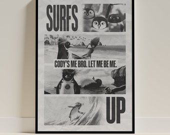 Movie Print of Surf's Up Black and White, Unframed A4/A3/A2, Wall Art, Home Poster, Colourful Home Decor