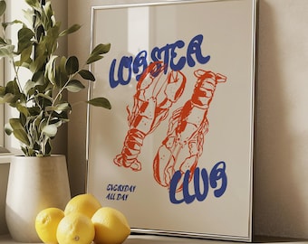 Lobster Club Poster, Vintage Seafood Art Print, Retro Kitchen Wall Decor, Nautical Coastal Art, Funny Lobster Poster, Dining Room Decor