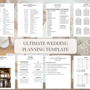 May include: A printable wedding planning template with checklists for the reception, bridal party, family photos, vendor information, and seating chart. The template includes a layout for a sweetheart table and a getting ready shot list for the bridesmaids.