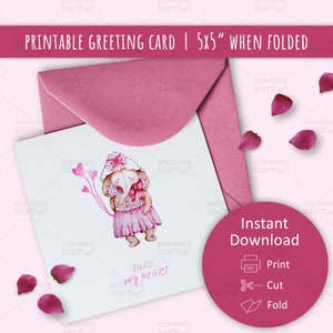 Cartão romântico de felicitações para impressão digital, interior em branco 5x5 dobrado, aquarela encantadora de menina elefante, download instantâneo desenhado à mão