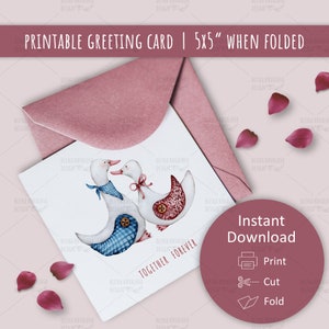 Cartão romântico de felicitações para impressão dobrável 5x5, download instantâneo digital, gansos encantadores, menina e menino apaixonados, aquarela desenhada à mão