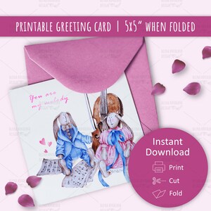 Druckbare Gruß romantische Karte faltbare 5x5, Last-Minute-Sofortdownload, süßes Kaninchen-Junge und Mädchen in Liebe Aquarell von Hand gezeichnet