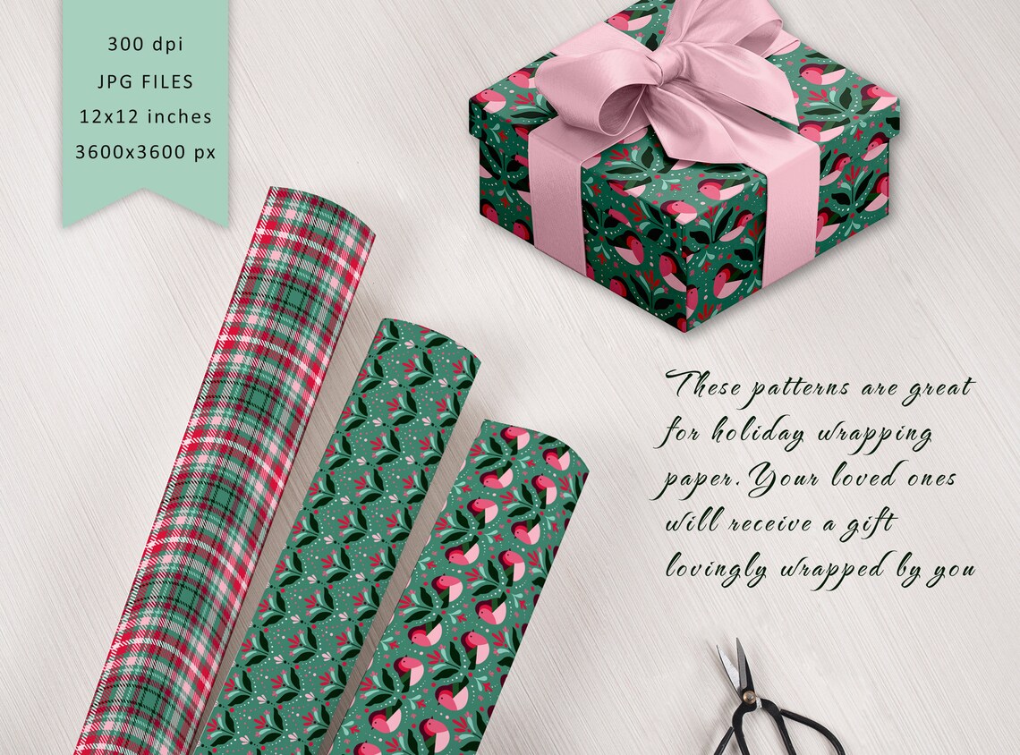 Teal Digital Paper for Holiday Gifts, Birds Floral Leaves Dots ...