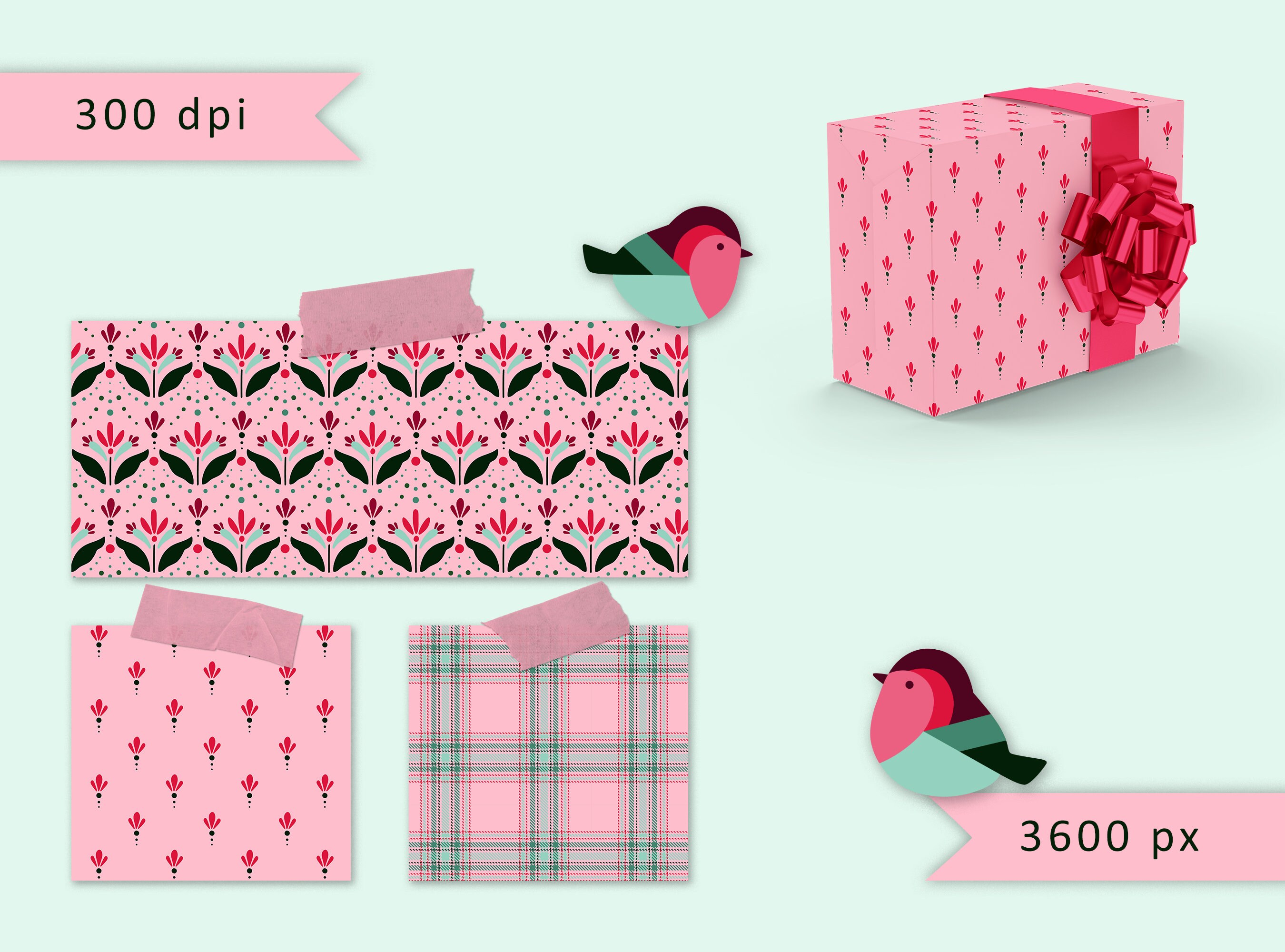 Pink Digital Paper for Holiday Gifts, Birds Floral Leaves Dots ...
