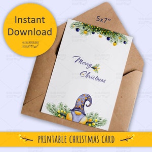 Weihnachts Wichtel Klappkarte zum Ausdrucken - Liebenswerter Aquarell Feiertags Zwerg, Sofort Download, handgemalter festlicher Gruß, schöne Feiertage
