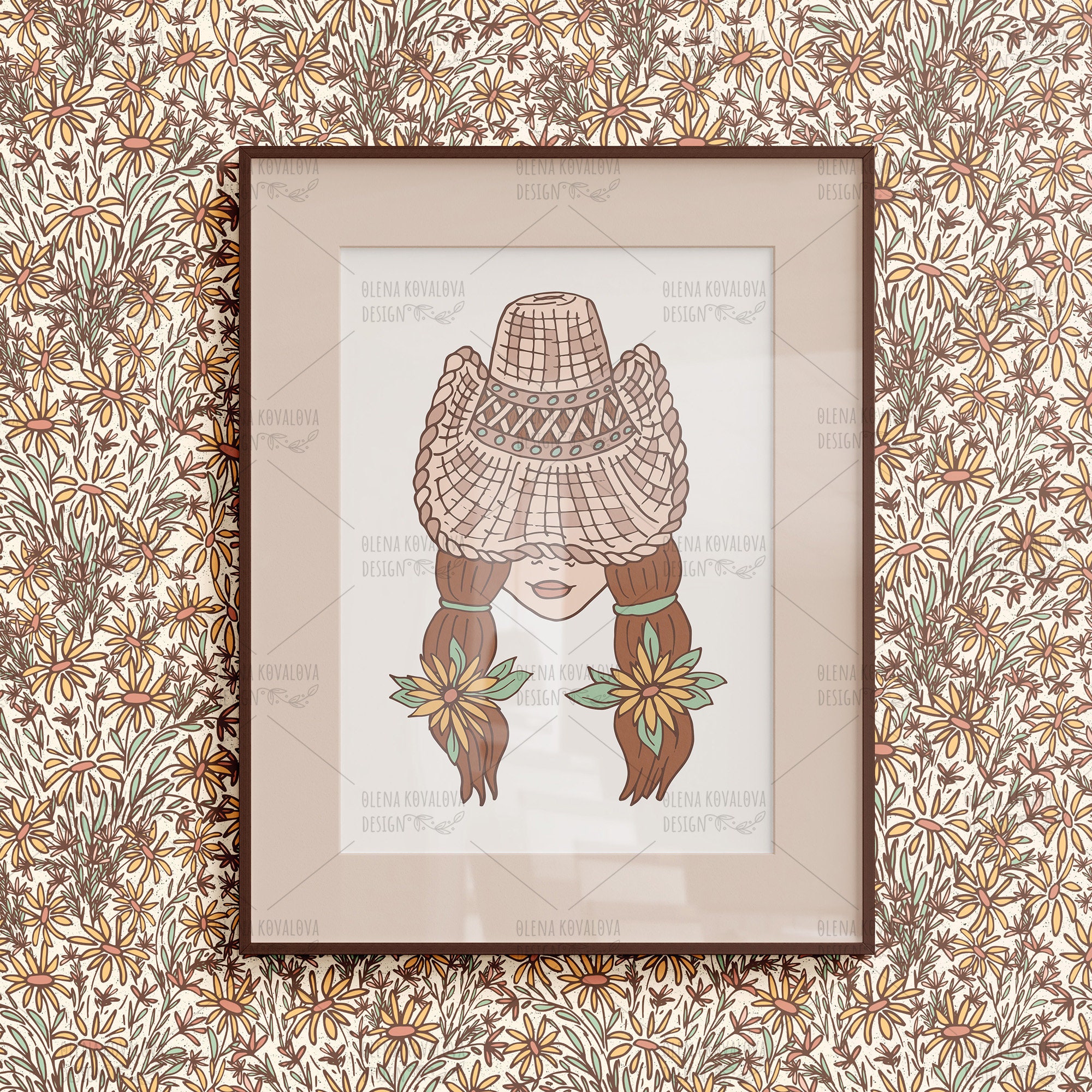 Cowgirl Head in Cowboy Hat Wall Art Digital Download Wild West and Boho