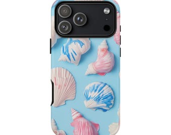 May include: A smartphone case featuring a light blue background patterned with various seashells in shades of pink, white, and blue. The case has a black camera module cutout at the top, showcasing a triple-lens camera system and a flash.
