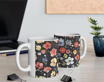 Taza de café de cerámica con estampado floral: diseño de flores coloridas, taza de té