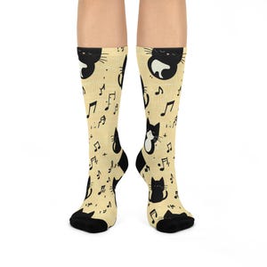 Musical Cat Crew Socks, Fun Cat Socks, Cute Gift for Cat Lovers, Cozy Socks for Music Lovers, Unique Cat Print Gift, Comfortable Sleep Socks