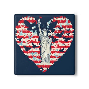 Patriotic Heart Ceramic Coaster Set | USA Flag, Home Decor, Gifts for Patriotic Lovers, Barware, Table Decorations, July 4th