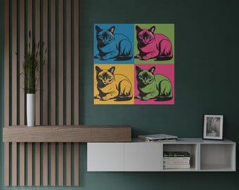 モダンな縞模様の猫のアートプリント、カラフルなポップアート、猫の