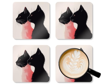 May include: Set of four square coasters. Three coasters feature a black cat silhouette next to a pink watercolor shape. The fourth coaster holds a cup of coffee with latte art. The coasters have a light beige background.