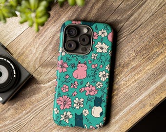 Floral Cat Phone Case: Impact-Resistant, Wireless Charging
