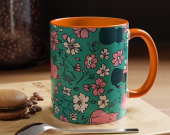 Floral Cat Accent Coffee Mug, Cute Cat Mug, Coffee Lover Gift, Animal Mug, Flower Decor, Cat Mom Gift