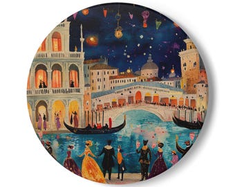 May include: Round decorative art print depicting a nighttime Venetian scene. The image features a bridge, gondolas, costumed figures, and buildings under a starry sky. The color palette includes blues, oranges, and purples.