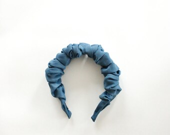 Blue Satin Crown Rouched Hair Band Headband Scrunch Ruffle UK Wedding Guest Statement Piece