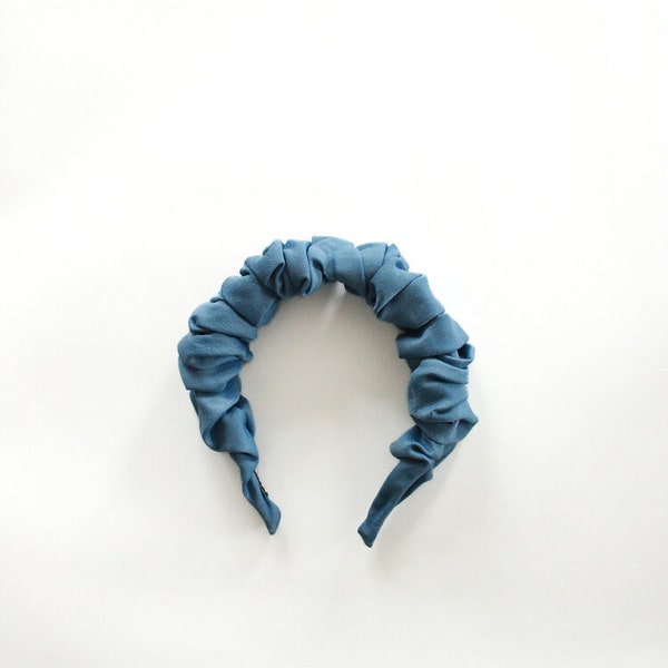 Blue Satin Crown Rouched Hair Band Headband Scrunch Ruffle UK Wedding Guest Statement Piece